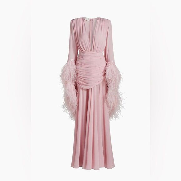 NWOT BRONX AND BANCO Geisha Pink Maxi Dress Feathered Gown | Retail $1100 - Picture 5 of 16